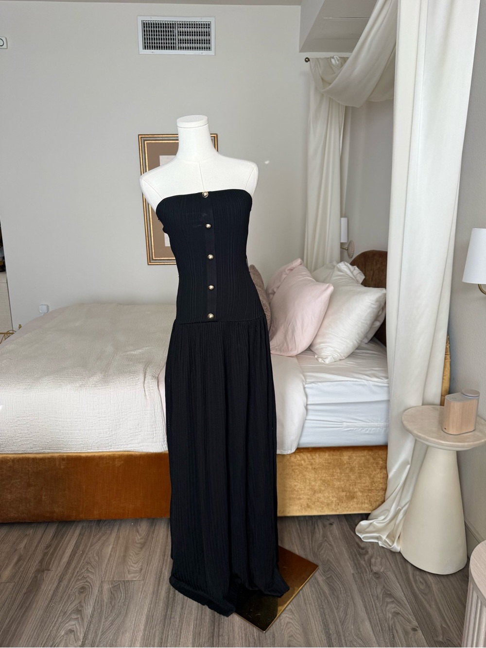 Self-Portrait Black Bandeau Knit Strapless Maxi Dress Gold Buttons Size S - Picture 11 of 16
